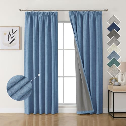 Joydeco 100% Verdunkelungsvorhänge Leinen Gardinen mit Kräuselband 2er Set H225xB140cm Wathet, Thermovorhang Kälteschutz Blickdicht Schallschutz Ideal für Wohnzimmer passt zu Schienensystemen