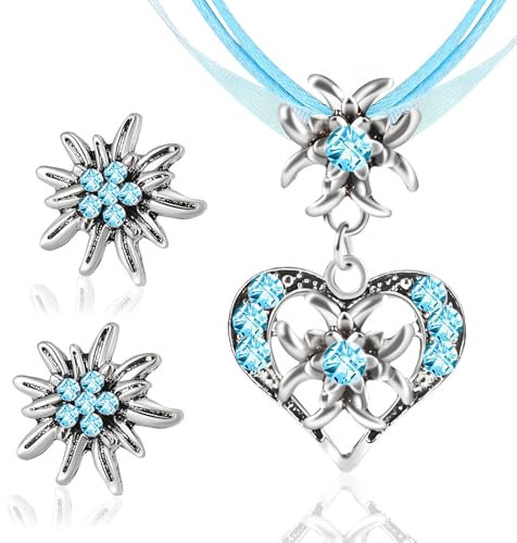 GUBOOM 3 Stück Trachtenschmuck Damen Set, Trachtenkette Damen Oktoberfest, Bayerisch Dirndlschmuck Trachtenkette, Oktoberfest Accessoires Kette Schmuck mit Herz Anhänger und Ohrstecker (Blau)