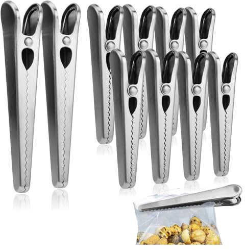 COM-FOUR® Juego de 10 pinzas para conservación de alimentos frescos de acero inoxidable - pinzas para cerrar bolsas - pinzas para bolsas en 2 tamaños (10 piezas - plateadas - largas)