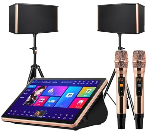 MREGLHUI Máquina De Karaoke con 2 Micrófonos Y Parlantes Inalámbricos,20 Idiomas,para Fiestas En Casa,Presentaciones Callejeras,Cumpleaños,Ceremonias De Graduación,Bailes En La Plaza,Negro,15.6 in/3T