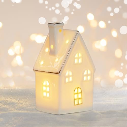 Xevinas Weihnachtsdeko Porzellan Häuser Weiß, Weihnachtshaus Beleuchtet Lichthaus Keramik, Lichthaus Weiss Weihnachtsdorf Mit Batteriebetriebenen LED Leuchten Als Ideales Geschenk Für Weihnachten (B)