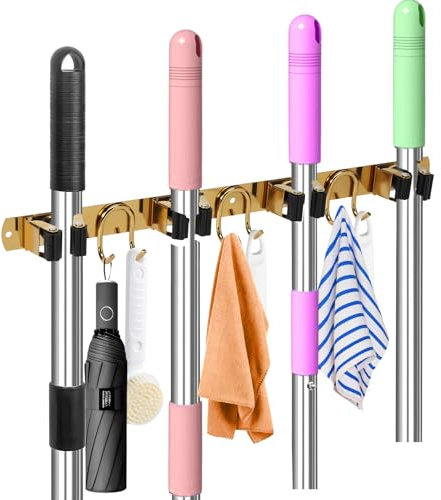 GUUKAR Mop Broom Holder Wall Mount, Gold Stainless Steel Tool Storage Organizer for Kitchen Garden Garage Laundry Room Bathroom and RV with 4 Slots 6 Hooks