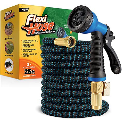 Flexi Hose with 8 Function Nozzle, 25FT - Lightweight Expandable Garden Hose, No-Kink Flexibility, 3/4 Inch Solid Brass Fittings and Double Latex Core