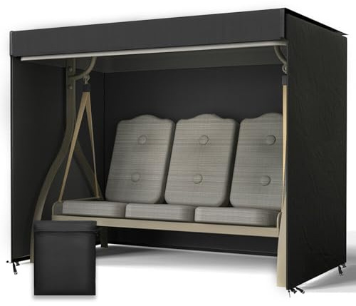 Hollywoodschaukel Abdeckung 3-4 Sitzer, Wasserdicht Winddicht Schutzhülle | Schwerlast Reißfest 600D Oxford Gewebe Schutzhülle für Gartenschaukel, Gartenmöbel (Schwarz, 215x154x168cm)