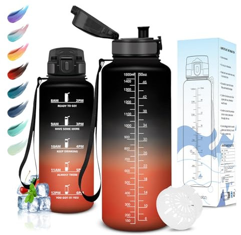 Motswedi Botella Agua, 1500ml sin BPA, Botella de Agua, Reutilizable, Cantimplora, con Marcador de Tiempo, Botella Agua Gimnasio, Botella para Niños, Deporte, Running, Gimnasio, Bicicleta, Negro Rojo