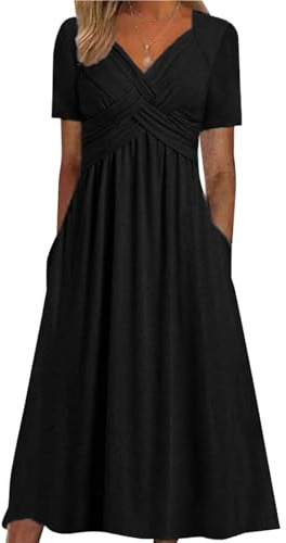ABYOVRT Women Short Sleeve Dress Loose Casual Plus Size V-Neck Maxi Long Dresses with Pocket,S-XXL
