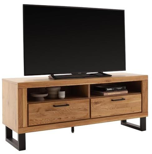 Lomadox Wohnzimmer Lowboard Fernsehschrank mit 138 cm Breite in Eiche teilmassiv, mit 2 offenen Fächern & 2 Schubladen, Echtholz/Massivholz-Fronten, geölt