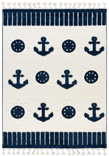 Mazovia Kinderteppich Beige Anker, Maritim - Weich, 3D-Muster - Leicht zu Reinigen, Fußbodenheizung - Teppich für Kinderzimmer, Mittelflor Rechteckig mit Oeko-TEX® - Marineblau Creme - 80 x 150 cm
