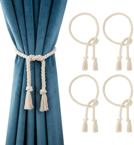 VINATO 4 Stück Vorhang Raffhalter, 100CM Gardinenband aus Baumwolle, Boho Vorhang Seil Schnallen, Handgestrickte Raffhalter für Gardinen, Vorhanghalter für Schlafzimmer Wohnzimmer Büro