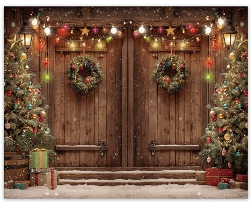 305x240cm/10x8FT Polyester Christmas Photography Backdrop, Rustic Barn Wood Door Xmas Tree Scene Merry Christmas Banner Background Pictures for New Year Winter Holiday Party Home Decor Photo