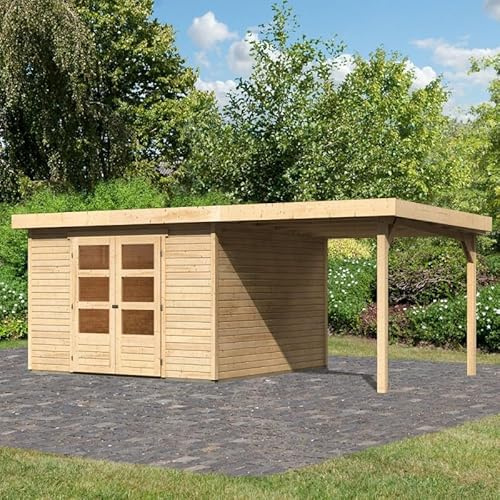 Karibu Askola 6 | Abri de Jardin Bois Massif 9,24m² avec Appentis 240cm | Terrasse Couverte, Double Porte Vitrée, Toiture en Bois 16mm | Couleur Naturelle, Dimensions 558x331cm