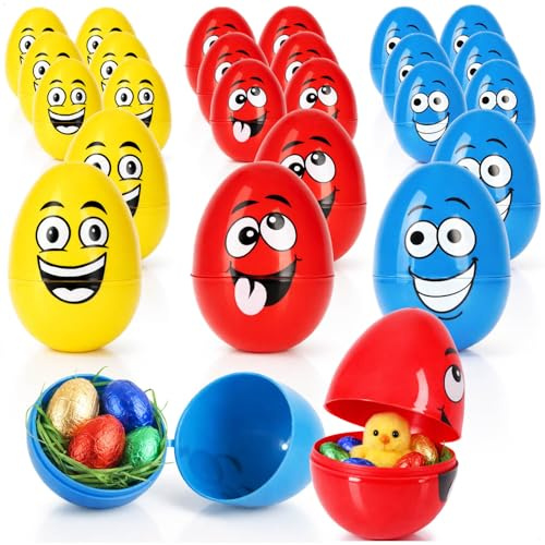 com-four® 24x Fülleier mit Gesicht, Bunte Ostereier zum Befüllen | aufklappbare Kunststoff-Hohlkörper - Leere Osterdekoration und Geschenkverpackung
