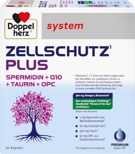 Doppelherz system ZELLSCHUTZ¹ PLUS SPERMIDIN + Q10 + TAURIN + OPC | Vitamine C + E, Zink und Selen tragen dazu bei, die Zellen vor oxidativem Stress zu schützen - 90 Kapseln