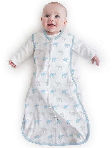 Amazing Baby von SwaddleDesigns, Wunderbarer Schlafsack aus Baumwoll mit 2-Weg-Reißverschluss, Winzige Elefanten, Hellblau, Mittel, 6-12 Monate