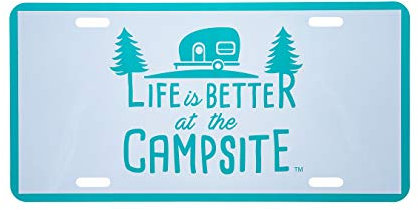 Camco Life is Better at The Campsite Novelty Vehicle Front License Plate-Perfect for RVs, Campers and Trailers and More, 6 x 12, Navy Blue (53250)