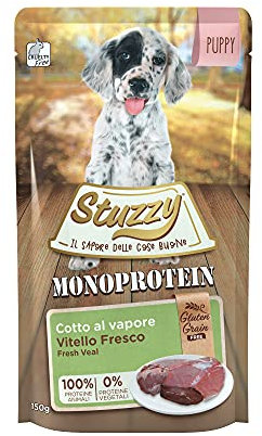 Stuzzy, Monoprotein Grain & Gluten Free, Comida húmeda para Cachorros, Sabor Carne de Ternera Fresca, en paté - Total 1,8 kg (12 Sobres x 150 gr)