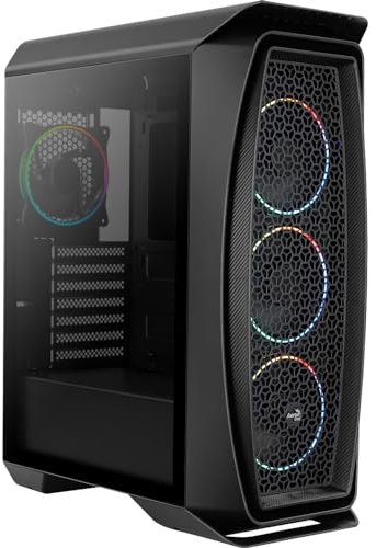 Aerocool Eclipse Mid Tower Case – Aero One PC Gaming Case 4 x 120mm ARGB Fans with 1-6 PC Fan Hub PWM Compatible, Mesh Front Tempered Glass Side Panel, Supports Liquid Cooling, Cables Included, Black
