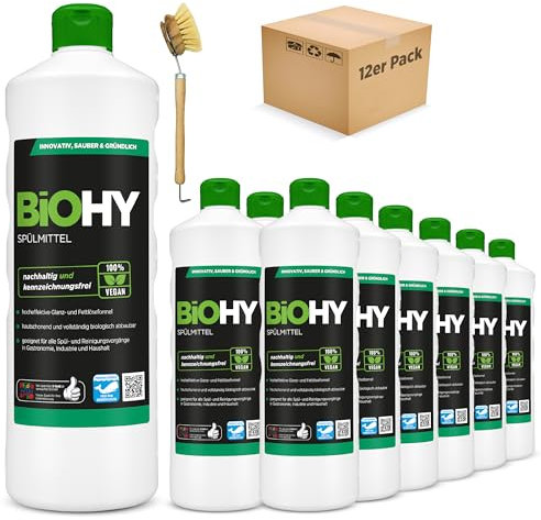 BiOHY Spülmittel (12 x 1 Liter) + Spülbürste | Bio Geschirrspülmittel ohne schädliche Chemikalien | Flüssiger Fettlöser für frischen Glanz | ideal für Spülmittelspender | biologisch abbaubar