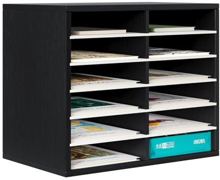 PAG 12 Compartments Office Countertop Letter File Tray, Wooden A4 Paper Storage Organiser Desk Trays Stackable for Office Home School,Black&White