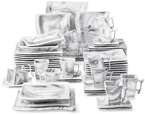 MALACASA, Serie Flora, Juego de Platos de Porcelana 60 piezas Marmol Gris