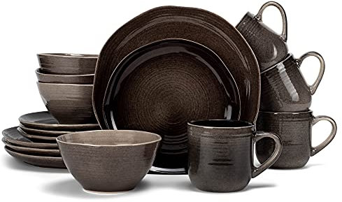 Elanze Designs Reactive Glaze Farmhouse Rustic Boho Ceramic Stoneware Dinnerware 16 Piece Plate Bowl Mug Dish Set - Service for 4, Mocha Grey Ombre