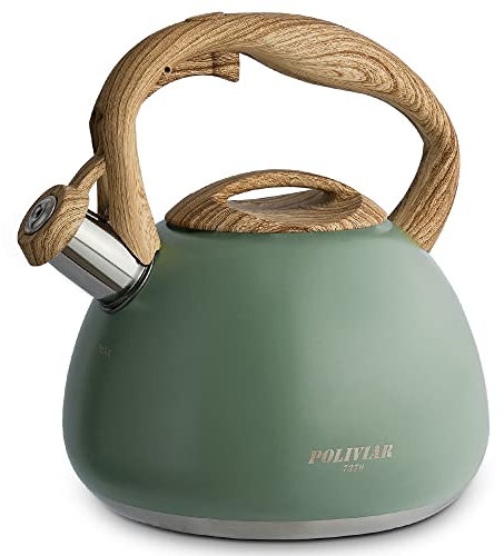 Poliviar Wasserkessel Induktion, Edelstahl Pfeifkessel, Teekessel für alle Kochplatten, Flötenkessel mit Holzmasergriff, Wasserkocher für Tee & Kaffee, max. 2.7L, Wildes grün