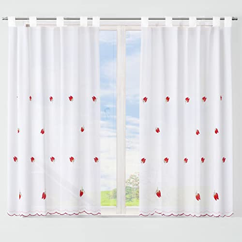 Dalina Textil - Cortina de Cocina Translúcido con Bordado, Visillo Transparente para Cocina, Comedor, Marco de Puerta 2 Piezas Tejido Gasa Fina(Bordados Fresas, 100x140cm)