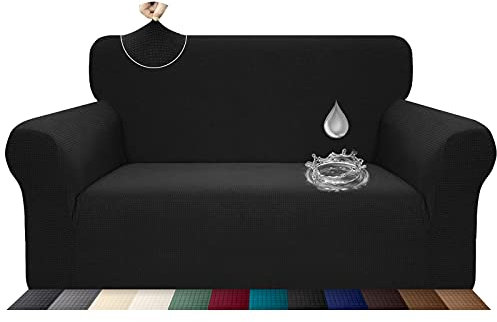 Earnmore Stretch Wasserdicht Sofabezug für 2 Sitzer Stylish Pattern Sofahusse Anti Rutsch Kratzfest Couchhusse mit Anti-Rutsch-Schaumstoffe(2 Sitzer,Schwarz)