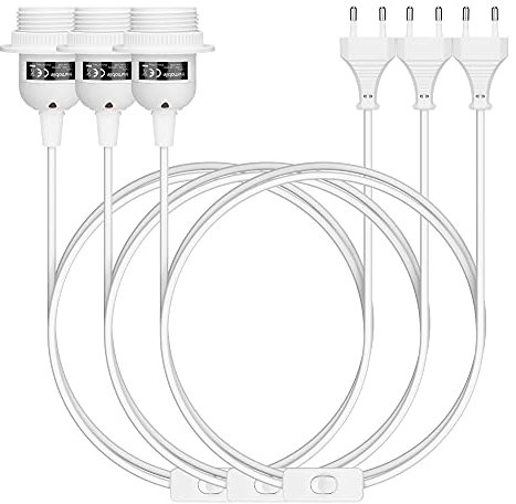 kwmobile Lot 3x douille E27 avec fil - Support lampe pour ampoule avec bague de fixation cordon prise électrique et interrupteur - Câble blanc 5 m
