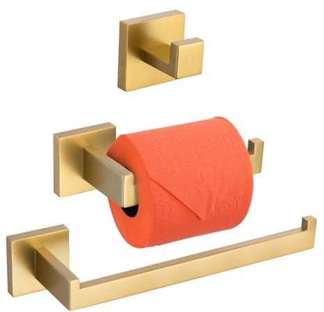 Turs 3 Pieces Bathroom Accessory Set SUS 304 Stainless Steel Toilet Paper Holder Towel Bar Robe Hook Wall Mount, Brushed Gold, Q7010GD