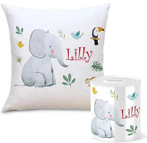 OWLBOOK Safari Elefant Geschenkset Kinder Spardose und Kissen Personalisiert mit Namen Geschenke Geschenkideen für Kinder Baby Junge Mädchen zum GeburtstagWeihnachten Einschulung Taufe Geburt