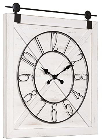 LW Collection Wanduhr Logan Weiß 80cm - Große industrielle Wanduhr Holz Metall - Quadratische Wanduhr industriell - Stille Uhr