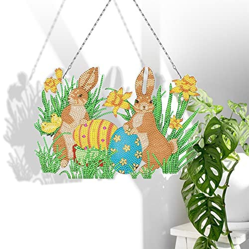 TROYSINC 5D Diamond Painting Ornamente, DIY Diamant Painting Kit, Hase Strass Kristall Malerei Kit Türschmuck Ostern Wanddekor Anhänger für Home (Stil A)