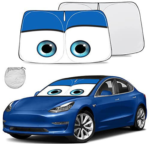 Gven Sunshade for Tesla Model Y Accessories 2025 Funny Eyes Windshield Sun Shade Car Front Window Shade for Tesla Model 3 Accesssories Dual-Sided Versatility (Blue, for Tesla)