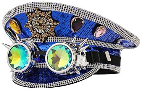BPURB Steampunk Stil Damen Strass Zylinder mit Brille Festival Karneval Militär Kapitän Hut für Herren Cosplay Party Halloween Kostüm