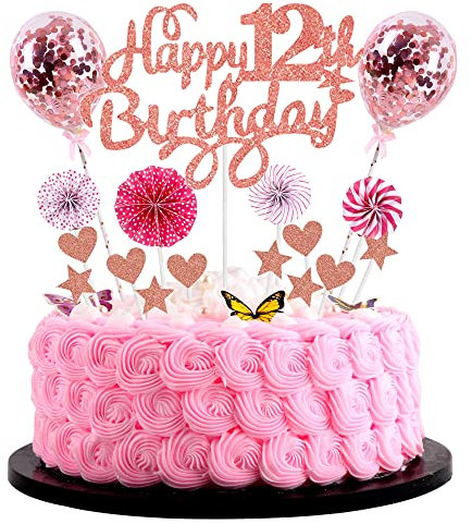Happy 12. Geburtstag Tortendeko Rosegold Mit Herz Stern Ballon Glitter Cake Topper für Mädchen