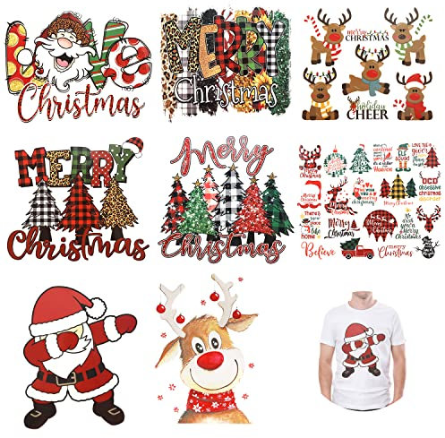 TOYMIS 8 Bögen Weihnachts Eisen auf Transfer, Süße Weihnachten Wärmetransfer Vinyl Aufkleber Aufbügler Weihnachten mit Elch Weihnachtsmann Weihnachtsbaum zum Selbermachen von Kleidung
