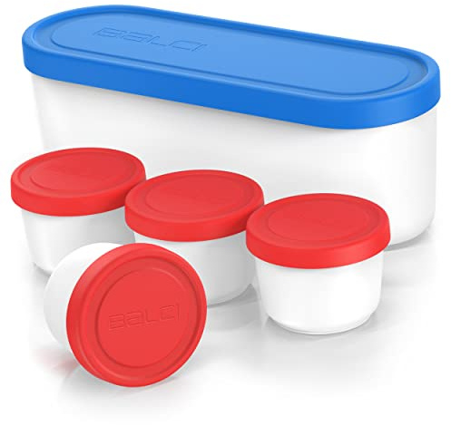 BALCI - Ice Cream Container - 2 Quart & 8oz set - Perfect Reusable Freezer Storage for Homemade Ice Cream Tubs for Sorbet, Frozen Yogurt and Gelato! - Flexible Silicone Lids, Long Scoop, Stackable