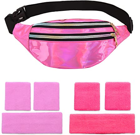 CHRI 80er Jahre Bauchtasche Stirnband Neon, 80er 90er Jahre Outfit Damen Accessoires mit Armbänder und Stirnband Verstellbarer Hüfttasche Wasserdicht für Retro Party Thema Karneval (Rosa)