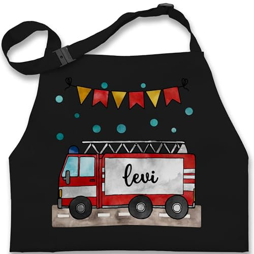 Kinderschürze Schürze Kinder Jungen Mädchen - Feuerwehrauto Motiv I Leiterwagen Geschenk Feuerwehr I Löschzug - 7-14 Jahre - Schwarz - kinderkochschürze jugendfeuerwehr name kochschürze junge