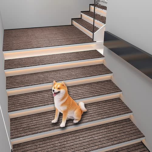 Antirutsch Treppenstufen Matten Innen Waschbarer, Wasserfeste Stufenmatten Outdoor Gummi, Treppenteppich Anti Rutsch Pads 7 Stück, Teppich Antirutschunterlage für Kinder ältere und Hunde(Curry,30x100c