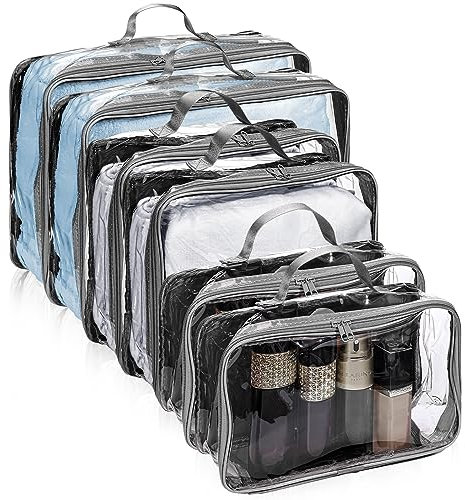 Hillban 6 Stück große, transparente Reiseverpackungswürfel, 3 Größen, durchsichtig, PVC-Organizer für Koffer, Mehrzwecktasche mit Griff, Vinyl-Aufbewahrungstaschen, Gepäckwürfel, Organizer, Grau,