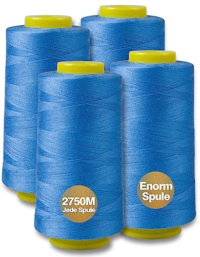 NäHgarn Overlockgarn 100% Polyester Himmelblau NäHgarn Set FüR NäHgarn Faden Garn NäHmaschine 4 NäHgarn Zwirn ReißFest NäHmaschinengarn Thread NäHfaden Overlock Garn 40/2 Je 2745 M, Insgesamt 11000m