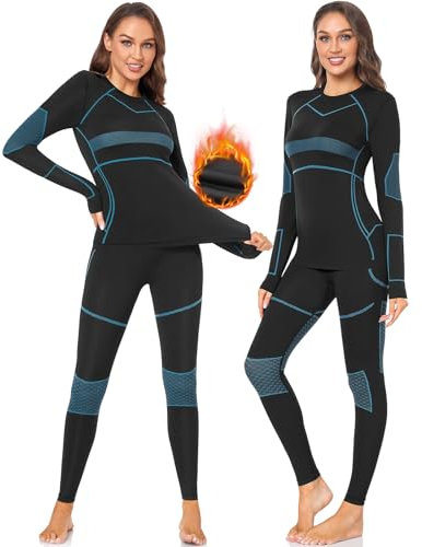 SIMIYA Thermounterwäsche Damen Skiunterwäsche Funktionsunterwäsche Warm Atmungsaktiv Set Thermo Sportunterwäsche für Winter Herbst(Schwarz+Blau,XL)