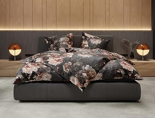 Bettwaesche-mit-Stil Mako Satin Bettwäsche Midnight Flower Rose/anthrazit (Garnitur 200x200 + 2X 80x80)