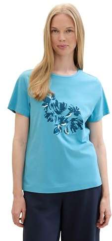 TOM TAILOR Damen Basic T-Shirt mit Print, light teal blue, XXL