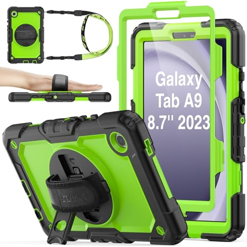 SEYMAC stock Hülle für Samsung Galaxy Tab A9 8,7 Zoll, Stoßfeste Hülle mit Displayschutz, 360° Drehbarer Ständer/Handschlaufe, Stifthalter & Schultergurt, Grün