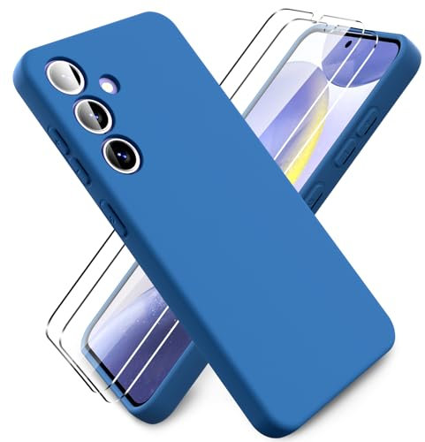 Ikziwreo - Coque pour Samsung Galaxy S24, avec 2 Pièces Protecteur D'écran en Verre Trempé, Housse Silicone Souple Ultra-Mince de Couleur Pure, Coque en Caoutchouc Antichoc - Bleu