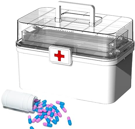 Boîte à pharmacie de rangement | Armoire à pharmacie familiale à 3 couches – Anti-poussière, grande capacité, organiseur avec poignée et boucle pour l'école, le camping, les voyages, la maison