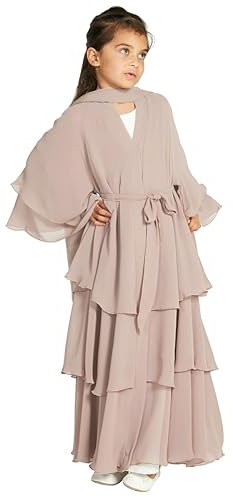 IBTOM CASTLE Muslimisches Kleid für Kinder Mädchen Chiffonkleid Strickjacke Abaya Hijab Kleid mit Gürtel Dubai Elegantes Kleid Islamisches Gebet Party Zeremonie Geschenk Sekt 11-12 Jahre
